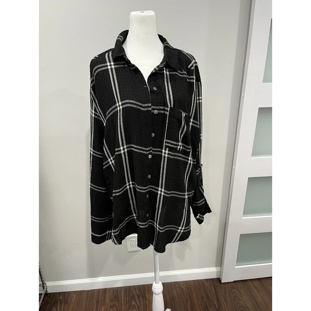 Jane + Delancey Windowpane Plaid Shirt XXL Black White Coastal Boho Tunic Top - Picture 1 of 7